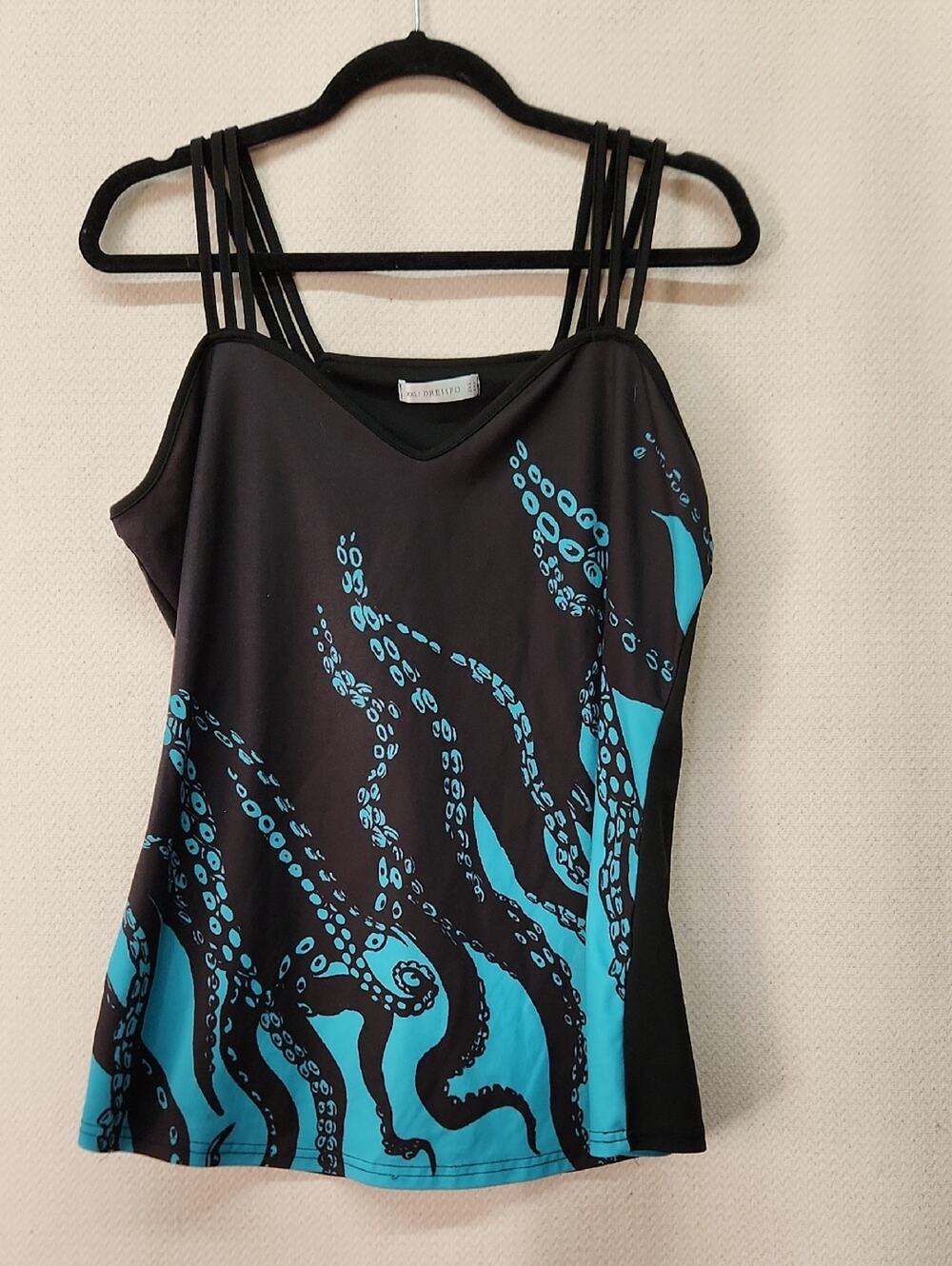 Sleeveless Black Camisole with Teal Octopus Print — Women's Strappy Tank